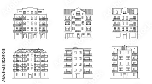 apartment building, 6 black delicate line drawings vector set collection , white background , PNG and SVG