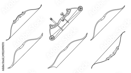 archery bow, 6 black delicate line drawings vector set collection , white background , PNG and SVG