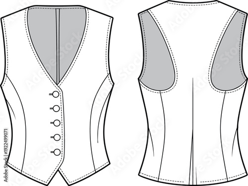 Fitted buttoned vest waistcoat front and back view tailored sleeveless formal garment fashion illustration apparel design