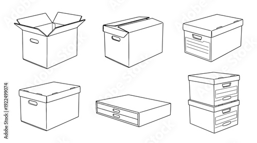 archive box, 6 black delicate line drawings vector set collection , white background , PNG and SVG