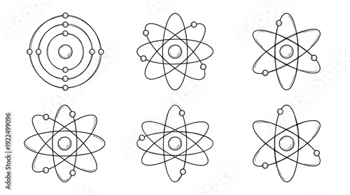 atom structure, 6 black delicate line drawings vector set collection , white background , PNG and SVG