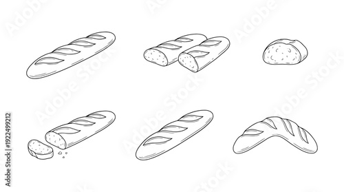 baguette, 6 black delicate line drawings vector set collection , white background , PNG and SVG
