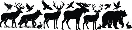 Forest wildlife animal silhouettes set deer wolf bear moose birds rabbit woodland nature illustration