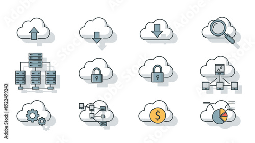 Flat lay of various cloud computing and data security icons in blue and orange hues on a white background with a technological feel.