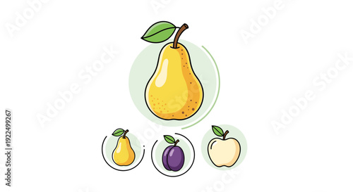 Yellow pear fruit illustration with secondary icons of plum and apple for fruit collection and healthy snacking concepts.