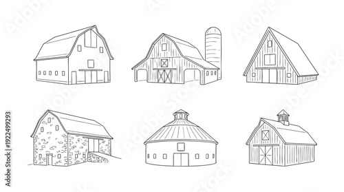 barn, 6 black delicate line drawings vector set collection , white background , PNG and SVG