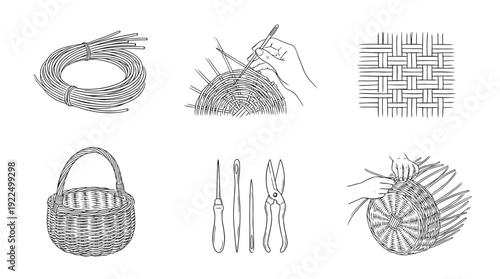 basket weaving, 6 black delicate line drawings vector set collection , white background , PNG and SVG
