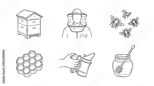 beekeeping, 6 black delicate line drawings vector set collection , white background , PNG and SVG