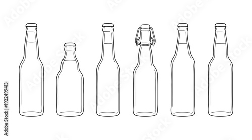beer bottle, 6 black delicate line drawings vector set collection , white background , PNG and SVG