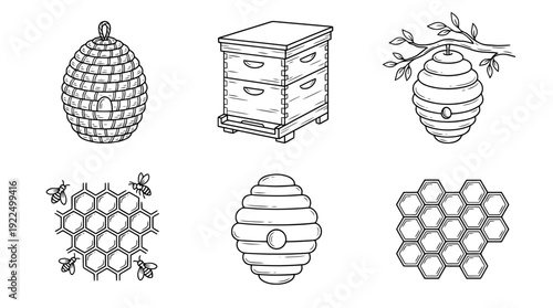 beehive, 6 black delicate line drawings vector set collection , white background , PNG and SVG