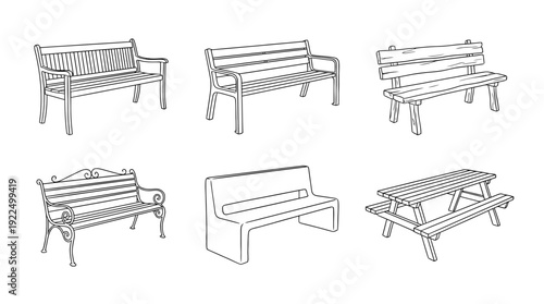 bench, 6 black delicate line drawings vector set collection , white background , PNG and SVG