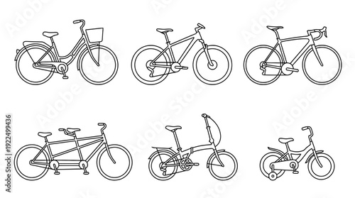 bicycle rental, 6 black delicate line drawings vector set collection , white background , PNG and SVG