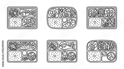 bento box, 6 black delicate line drawings vector set collection , white background , PNG and SVG