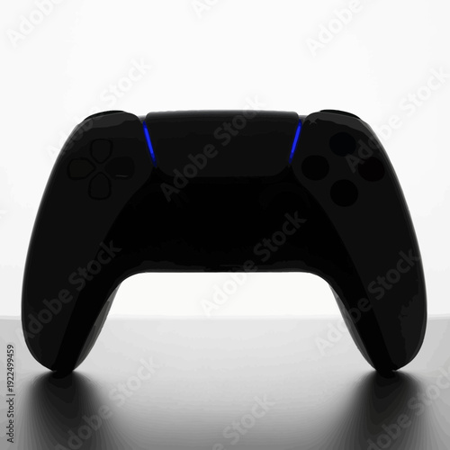 Modern black video game controller with blue LED lights, isolated on a white background, studio shot.