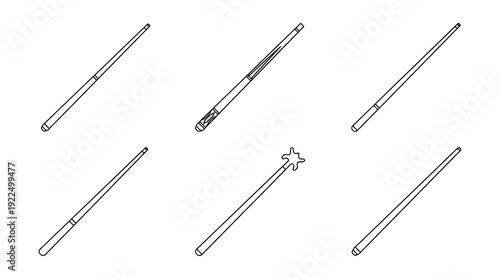 billiards cue, 6 black delicate line drawings vector set collection , white background , PNG and SVG