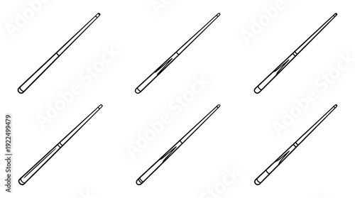 billiard cue, 6 black delicate line drawings vector set collection , white background , PNG and SVG