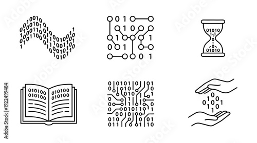 binary code, 6 black delicate line drawings vector set collection , white background , PNG and SVG