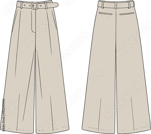 Beige wide-leg trousers front and back view high waist belted elegant tailored pants illustration