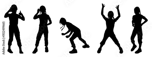 Children silhouettes. Little girl in motion poses set. Vector illustration.