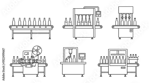bottling line, 6 black delicate line drawings vector set collection , white background , PNG and SVG