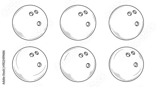 bowling ball, 6 black delicate line drawings vector set collection , white background , PNG and SVG