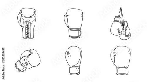 boxing glove, 6 black delicate line drawings vector set collection , white background , PNG and SVG