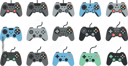 Game controller icon set flat vector collection of video game joysticks and gamepads isolated on light background