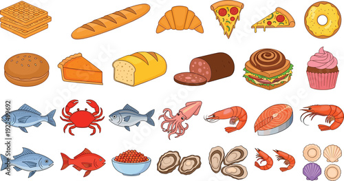 Bakery and Seafood Food Collection with Bread Pizza Fish Shrimp Oysters and Desserts Vector Illustration Set