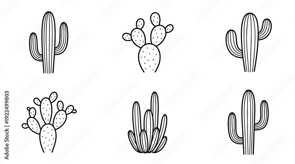 Fototapeta premium cactus, 6 black delicate line drawings vector set collection , white background , PNG and SVG
