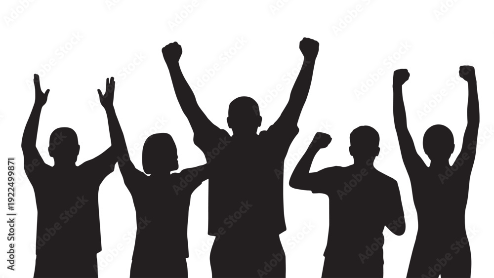 Fototapeta premium Energetic crowd cheering with raised fists and arms in the air, symbolizing unity and collective excitement.