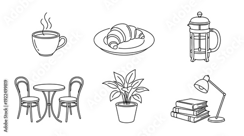 cafe, 6 black delicate line drawings vector set collection , white background , PNG and SVG