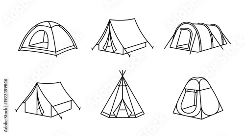 camping tent, 6 black delicate line drawings vector set collection , white background , PNG and SVG