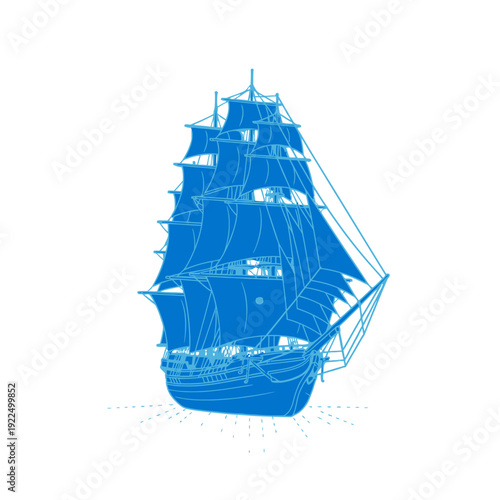 Blue outline of a majestic sailing ship with full sails, isolated on a white background.
