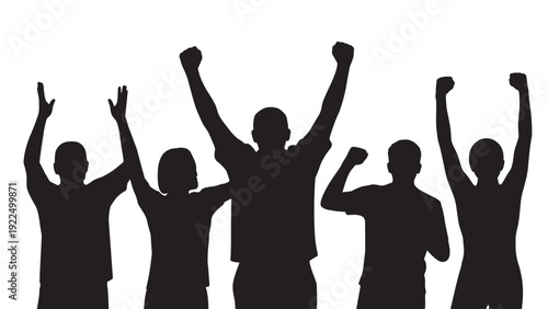 Energetic crowd cheering with raised fists and arms in the air, symbolizing unity and collective excitement.