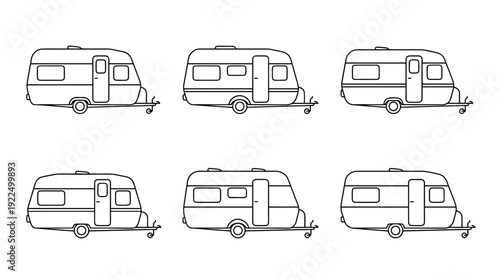 caravan, 6 black delicate line drawings vector set collection , white background , PNG and SVG
