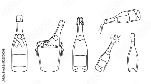 champagne bottle, 6 black delicate line drawings vector set collection , white background , PNG and SVG