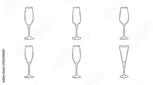 champagne flute, 6 black delicate line drawings vector set collection , white background , PNG and SVG
