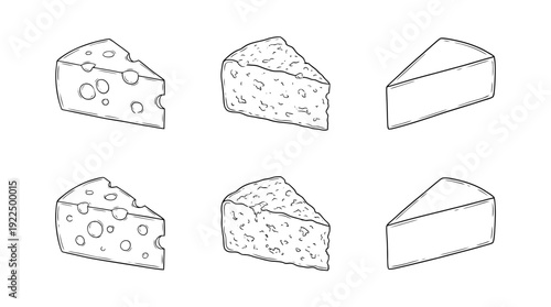 cheese wedge, 6 black delicate line drawings vector set collection , white background , PNG and SVG
