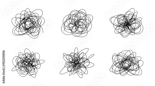 chaos scribble, 6 black delicate line drawings vector set collection , white background , PNG and SVG