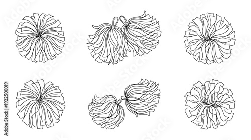cheerleading pompom, 6 black delicate line drawings vector set collection , white background , PNG and SVG