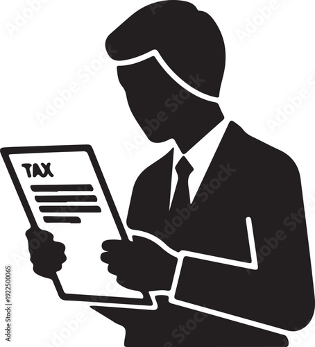 Professional businessman reviewing tax documents and financial paperwork with serious expression isolated on transparent background