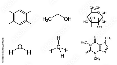 chemical formula, 6 black delicate line drawings vector set collection , white background , PNG and SVG