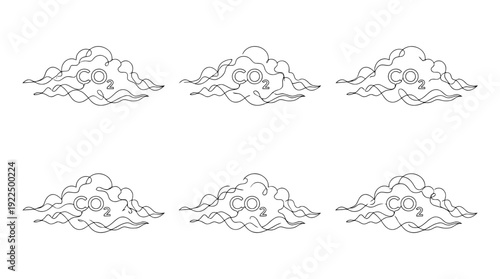 co2 cloud, 6 black delicate line drawings vector set collection , white background , PNG and SVG