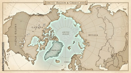 World map showing the arctic region, arctic ocean, greenland, and surrounding continents with countries like canada, russia, united states, and norway in a vintage cartography style