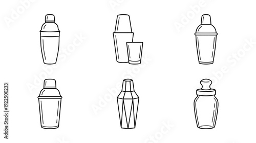 cocktail shaker, 6 black delicate line drawings vector set collection , white background , PNG and SVG