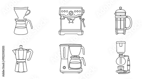 coffee machine, 6 black delicate line drawings vector set collection , white background , PNG and SVG