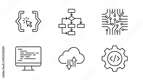 coding script, 6 black delicate line drawings vector set collection , white background , PNG and SVG
