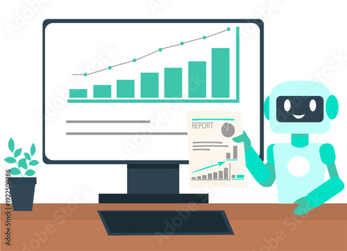 AI Business Analytics Report with Robot Assistant Flat Vector Illustration
Artificial Intelligence Data Analysis Dashboard with Chatbot
