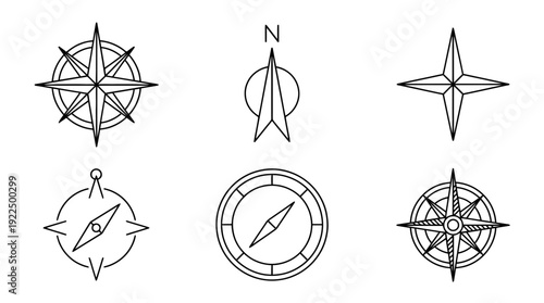 compass direction, 6 black delicate line drawings vector set collection , white background , PNG and SVG