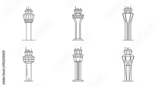control tower, 6 black delicate line drawings vector set collection , white background , PNG and SVG